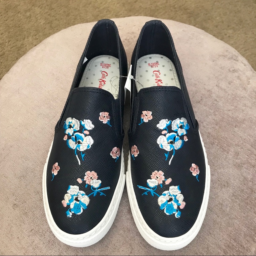 Cath Kidston embroidered navy slip-ons